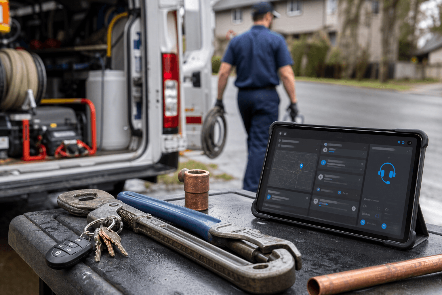 DSM Rooter plumbing call operations workflow with 24/7 AI intake